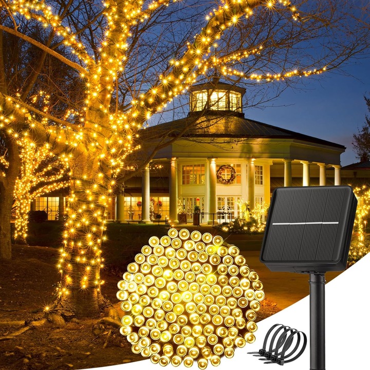 Set 2 Lampi Solare, SINBINTA, 100 LED, rezistenta la apa IP44, 8 moduri de iluminare, Cablu 12 m, Cu cravata din nailon, Panou solar ajustabil, Usor de instalat, Pentru gradinii, coridor si copac, ABS, Alb cald