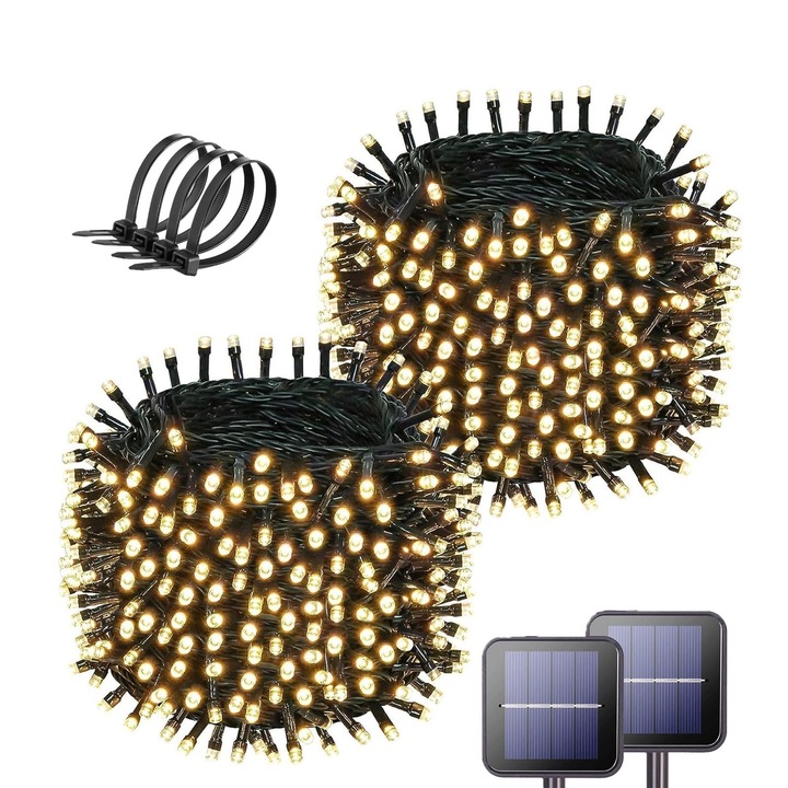 Комплект от 2 соларни лампи, SINBINTA, 100 LED, IP44 водоустойчивост, 8 режима на светене, 12 m кабел, С найлонова връзка, Регулируем соларен панел, Лесен за инсталиране, За градини, коридори и дървета, ABS, Топло бяло