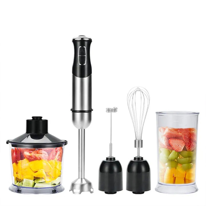 Mixer vertical 1000 W, capacitate 1L, Pahar cu suc 600 ml, Cutit din otel inoxidabil in forma de S, tocator, 2 trepte de viteza, picior inox, Negru