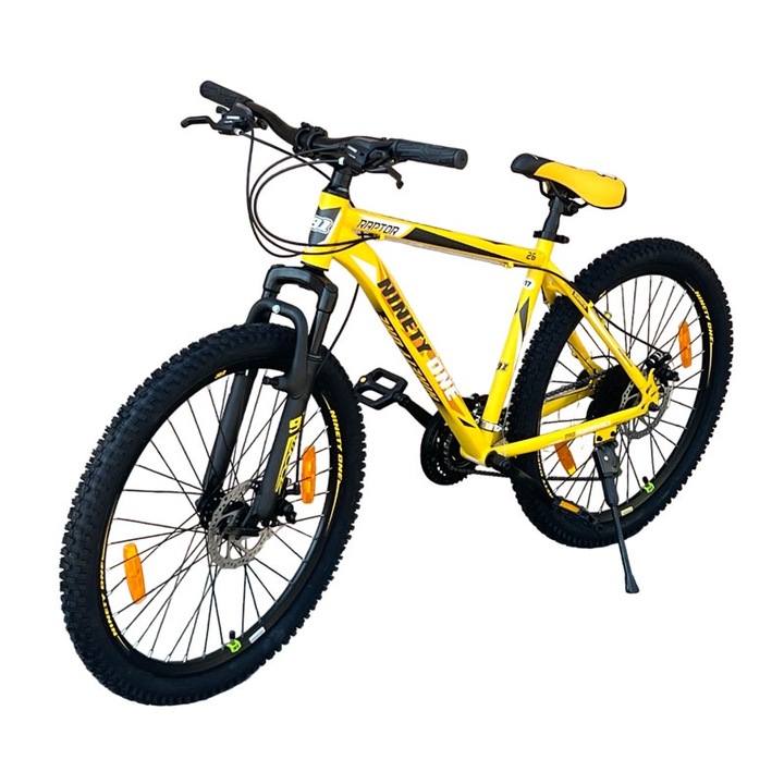 Bicicleta Ninety ONE Viper, 26 inch, frane pe disc, schimbator Shimano, 21 de viteze, suspensie fata, cadru otel, galbena