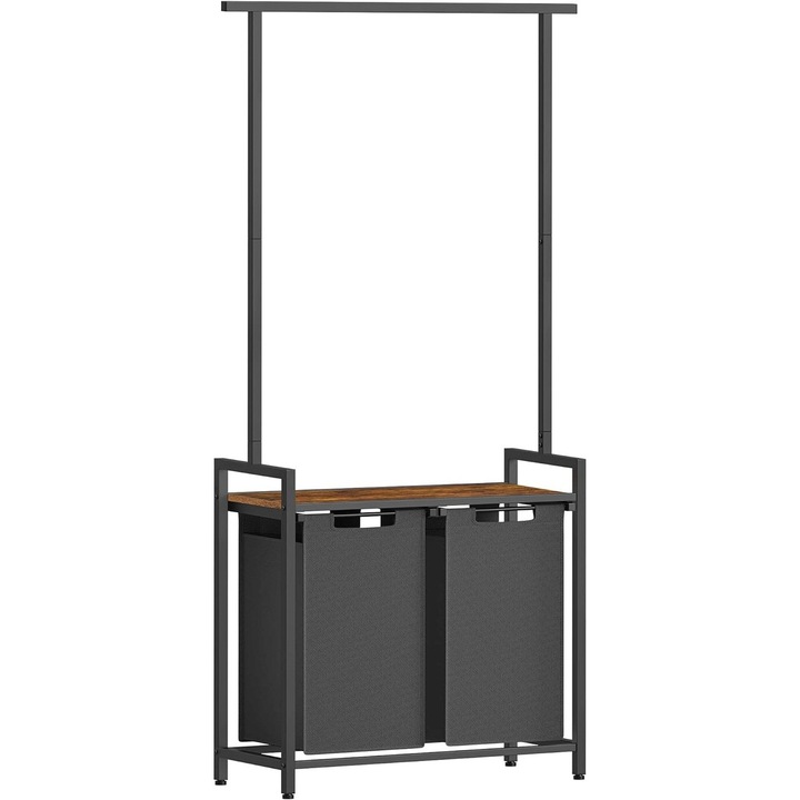 Cos de rufe cu 2 compartimente, raft suspendat si bara umerase, Vasagle, 2 x 46 L, 73x33x177 cm, PAL/otel, maro/negru