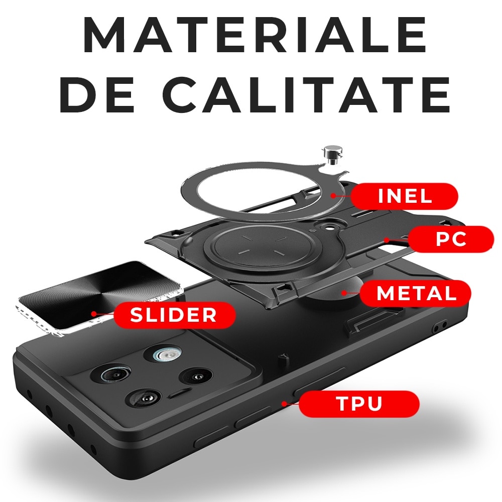 Husa pentru Xiaomi Redmi Note 13 Pro 5G / Poco X6, CamGuard Pro Kickstand, Slider Camera, Antisoc, Protectie Superioara, Negru