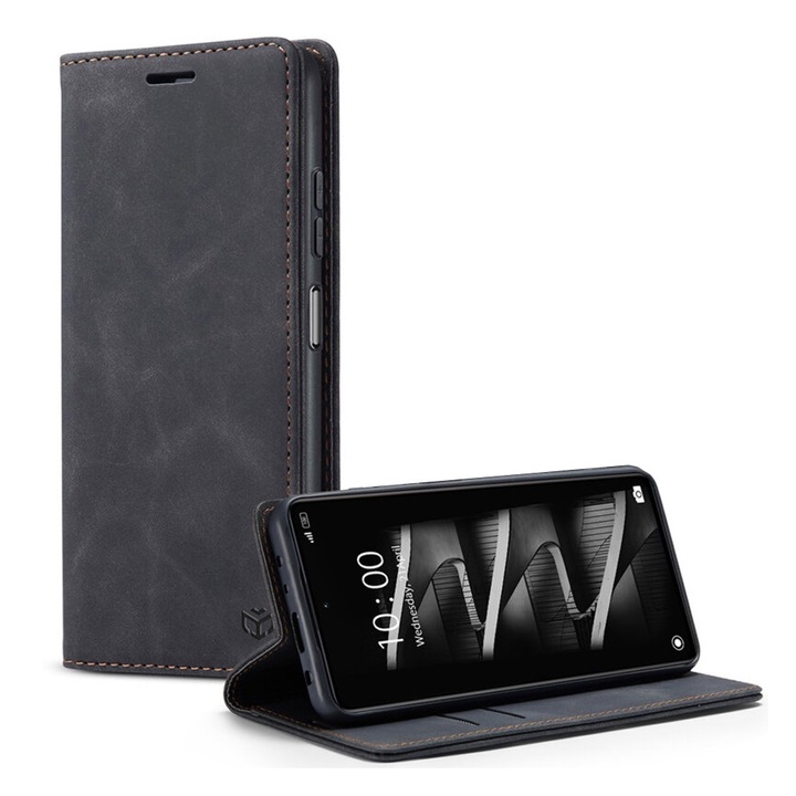 NeatlySleeve bőr kihajtható tok Motorola Moto G04 / Moto G04s / Moto G24 / Moto E14 készülékekhez, Optim Solution, Mágneses záródás, Könyvtípus, Minimalista dizájn 3 az 1-ben pénztárca, Állvány, Soft Touch, Kártyatartó, Teljes védelem, Fekete