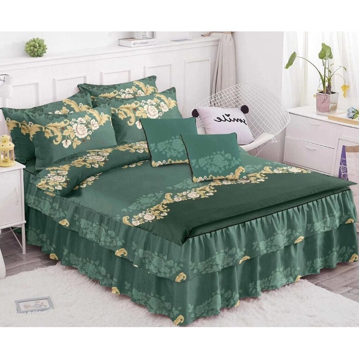 Francia ágynemű, fodros, 6 db, 2 személyes, Virágmintás, 270x245cm, Többszínű