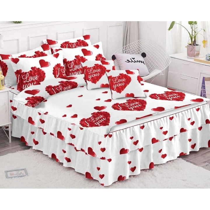 Dupla ágynemű, fodros, 6 db, 2 személyes, Print Hearts, 270x245cm, Fehér-Piros
