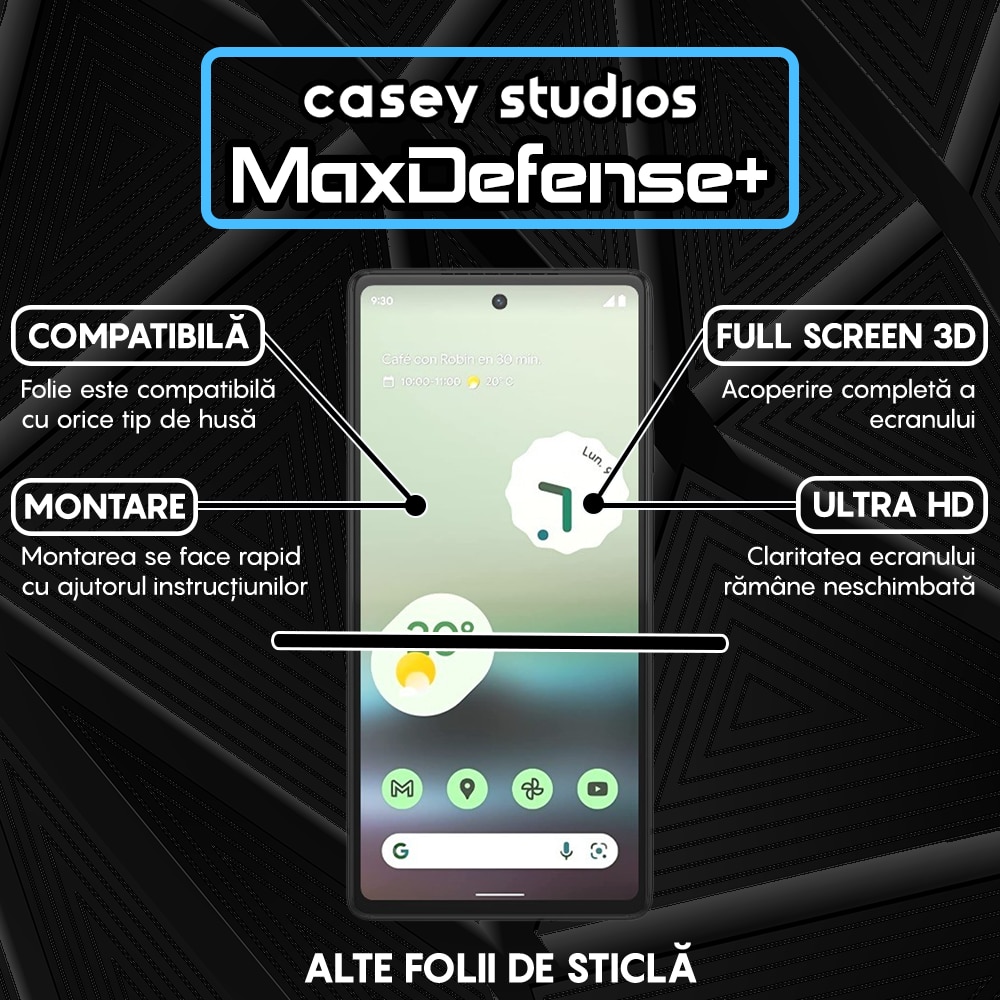 Folie Sticla CASEY STUDIOS™ compatibila cu Google Pixel 6a, Full Cover 3D, Full Glue, Duritate Militara, Ultra HD, Anti Zgarieturi, Anti Amprente, Anti Socuri, Margini Negre