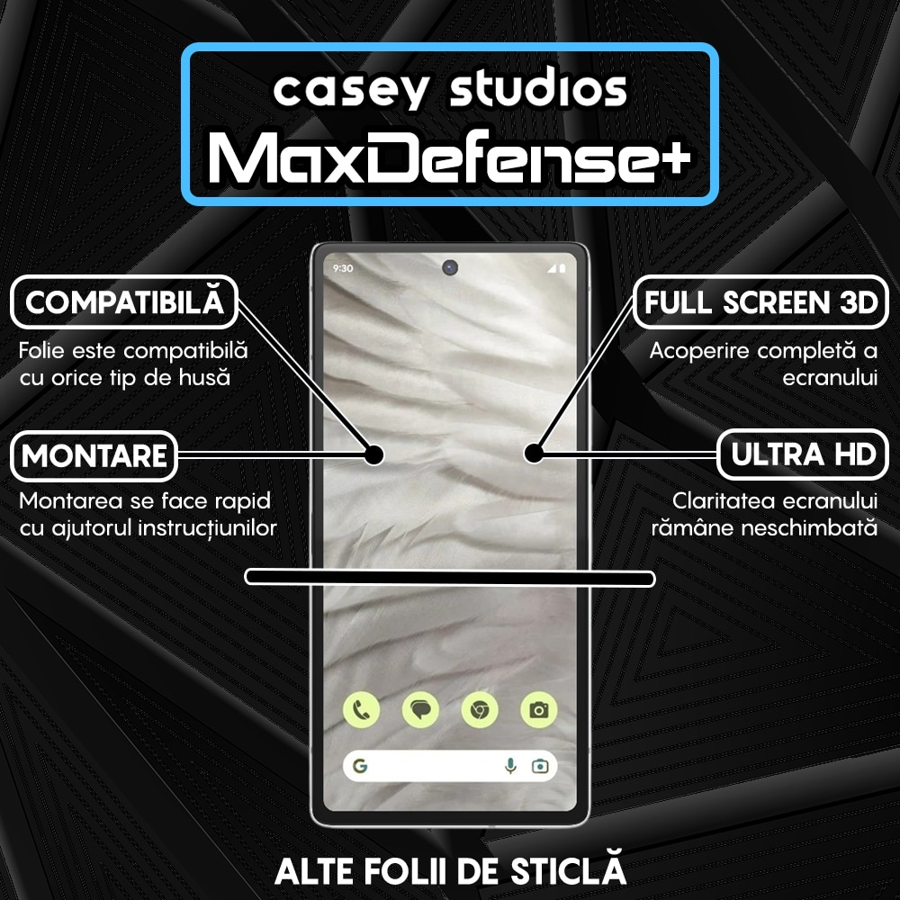 Folie Sticla CASEY STUDIOS™ compatibila cu Google Pixel 7a, Full Cover 3D, Full Glue, Duritate Militara, Ultra HD, Anti Zgarieturi, Anti Amprente, Anti Socuri, Margini Negre