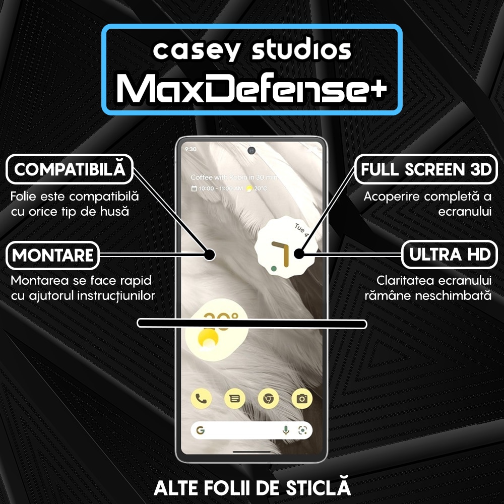 Folie Sticla CASEY STUDIOS™ compatibila cu Google Pixel 7, Full Cover 3D, Full Glue, Duritate Militara, Ultra HD, Anti Zgarieturi, Anti Amprente, Anti Socuri, Margini Negre