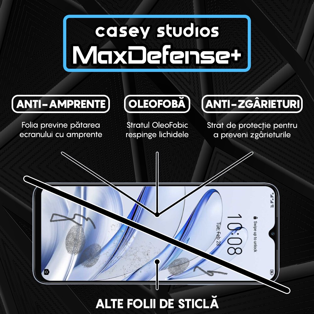 Folie Sticla CASEY STUDIOS™ compatibila cu Honor 70 Lite, Full Cover 3D, Full Glue, Duritate Militara, Ultra HD, Anti Zgarieturi, Anti Amprente, Anti Socuri, Margini Negre