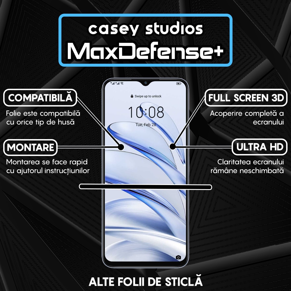 Folie Sticla CASEY STUDIOS™ compatibila cu Honor 70 Lite, Full Cover 3D, Full Glue, Duritate Militara, Ultra HD, Anti Zgarieturi, Anti Amprente, Anti Socuri, Margini Negre
