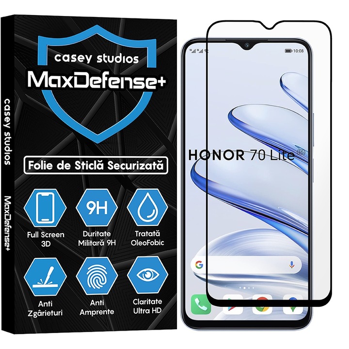 CASEY STUDIOS Üvegfólia kompatibilis a Honor 70 Lite, Full Glue, katonai keménység, Ultra HD, karcolásgátló, ujjlenyomat mentes, ütésgátló, fekete élekkel