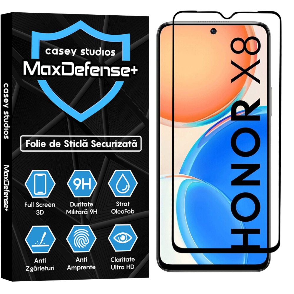 Folie Sticla CASEY STUDIOS™ compatibila cu Honor X6 / X8 5G, Full Cover 3D, Full Glue, Duritate Militara, Ultra HD, Anti Zgarieturi, Anti Amprente, Anti Socuri, Margini Negre