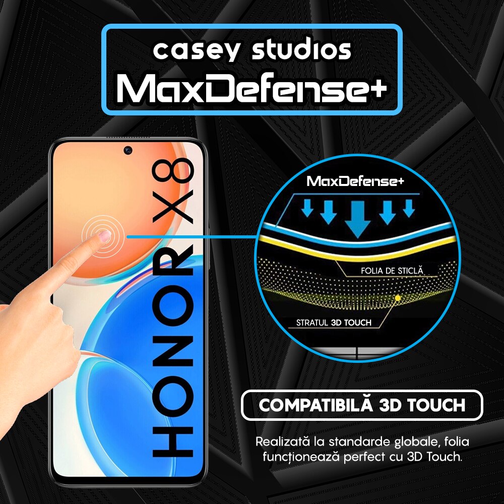 Folie Sticla CASEY STUDIOS™ compatibila cu Honor X6 / X8 5G, Full Cover 3D, Full Glue, Duritate Militara, Ultra HD, Anti Zgarieturi, Anti Amprente, Anti Socuri, Margini Negre