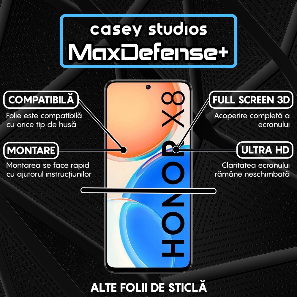 Folie Sticla CASEY STUDIOS™ compatibila cu Honor X6 / X8 5G, Full Cover 3D, Full Glue, Duritate Militara, Ultra HD, Anti Zgarieturi, Anti Amprente, Anti Socuri, Margini Negre