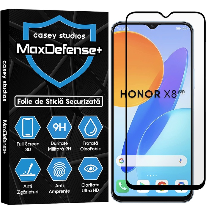CASEY STUDIOS™ üvegfólia Honor X6 / X8 5G készülékkel kompatibilis, teljes 3D fólia, teljes ragasztó, katonai keménység, Ultra HD, karcálló, ujjlenyomat-taszító, ütésálló, fekete szélek
