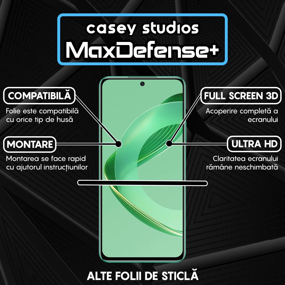 Folie Sticla CASEY STUDIOS™ compatibila cu Huawei nova 12, Full Cover 3D, Full Glue, Duritate Militara, Ultra HD, Anti Zgarieturi, Anti Amprente, Anti Socuri, Margini Negre