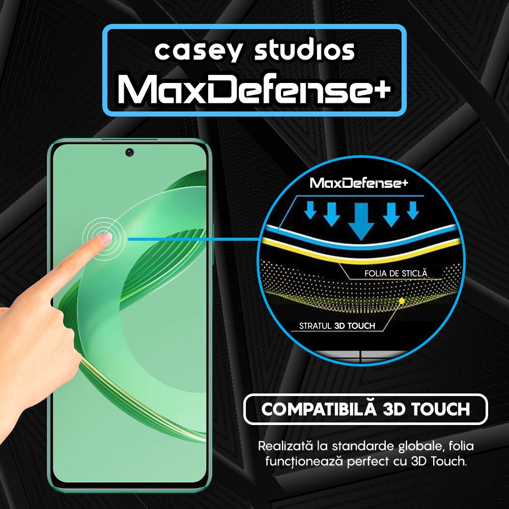 Folie Sticla CASEY STUDIOS™ compatibila cu Huawei nova 12, Full Cover 3D, Full Glue, Duritate Militara, Ultra HD, Anti Zgarieturi, Anti Amprente, Anti Socuri, Margini Negre