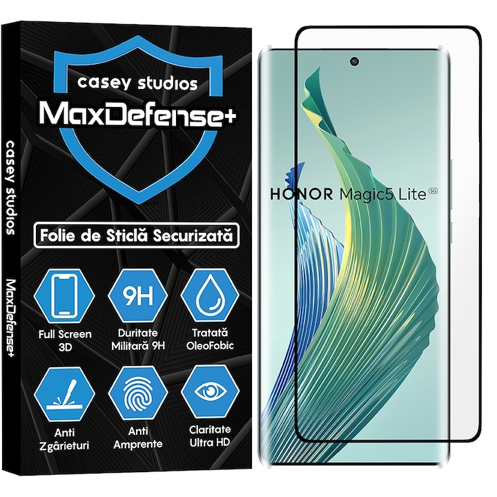 Стъклено фолио CASEY STUDIOS, съвместимо с Honor Magic5 Lite, Full Glue, Military Hardness, Ultra HD, Anti-Scratch, Anti-Fingerprints, Anti-Shock, Black Edges