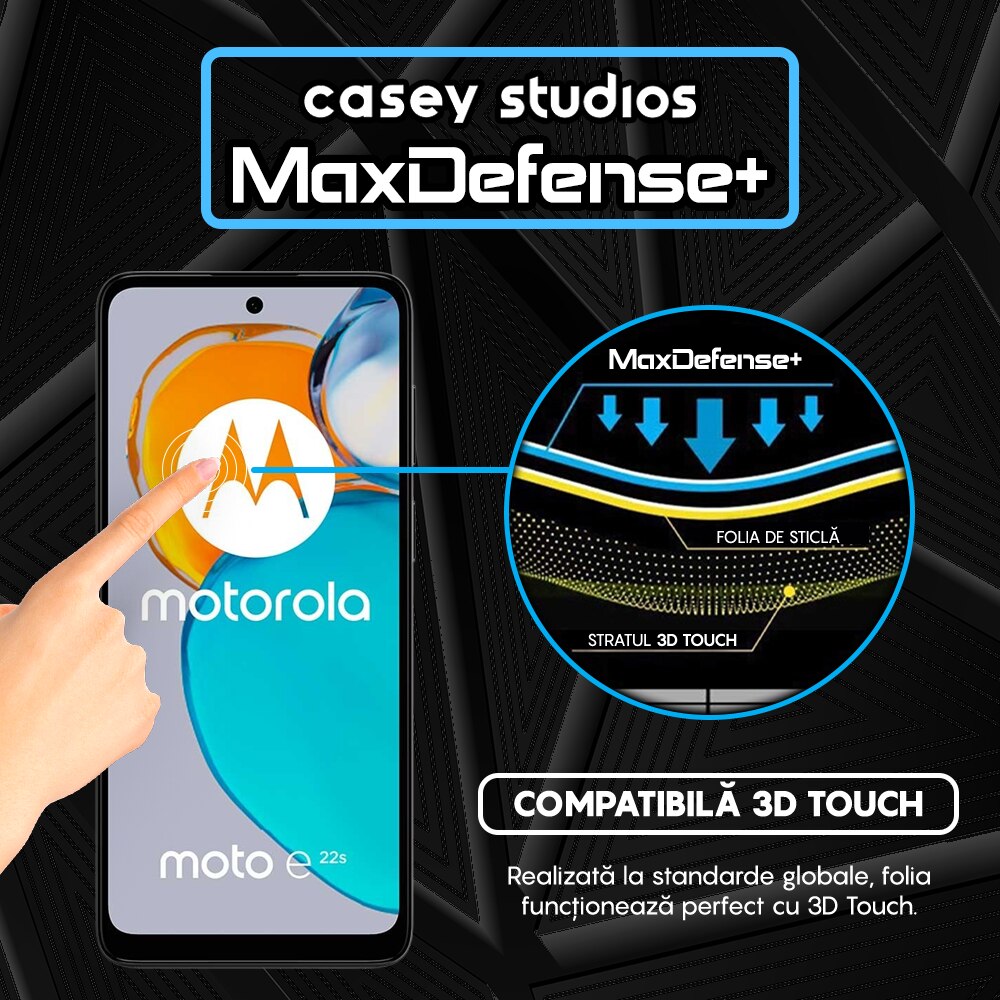 Folie Sticla CASEY STUDIOS™ compatibila cu Motorola Moto E22s, Full Cover 3D, Full Glue, Duritate Militara, Ultra HD, Anti Zgarieturi, Anti Amprente, Anti Socuri, Margini Negre