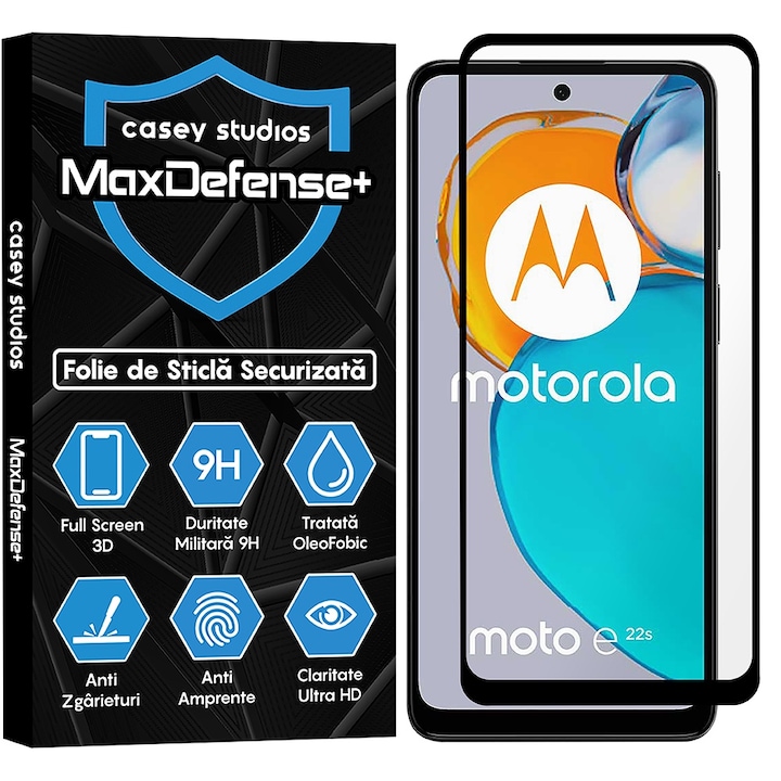 CASEY STUDIOS™ Motorola Moto E22s készülékkel kompatibilis üvegfólia, teljes 3D fólia, teljes ragasztó, katonai keménység, Ultra HD, karcálló, ujjlenyomat-taszító, ütésálló, fekete szélek