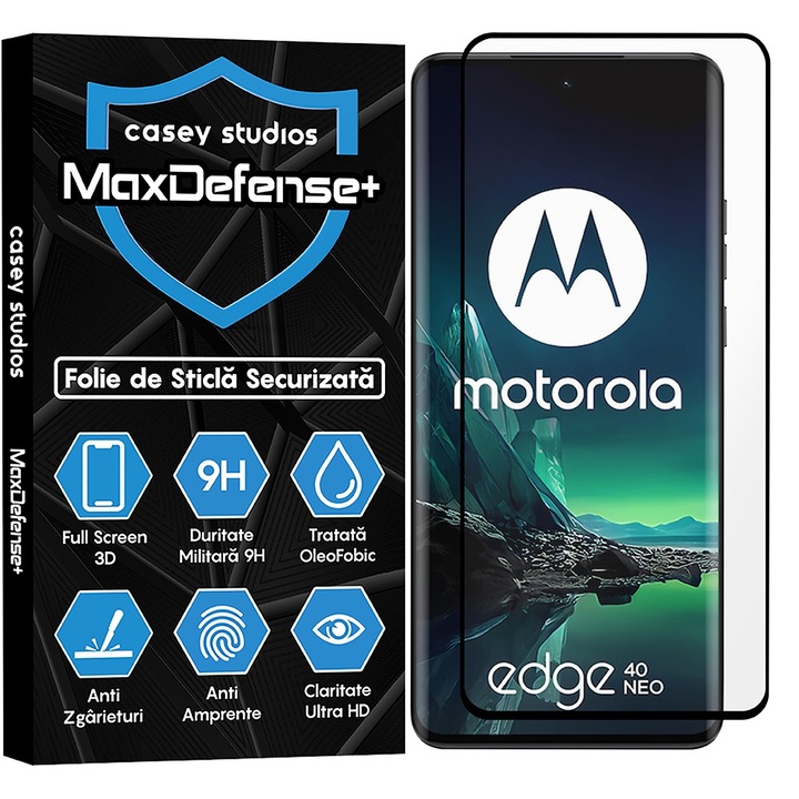 Стъклено фолио CASEY STUDIOS, съвместимо с Motorola Edge 40 / Edge 40 Neo, пълно лепило, военна твърдост, Ultra HD, против надраскване, против пръстови отпечатъци, против удар, черни ръбове