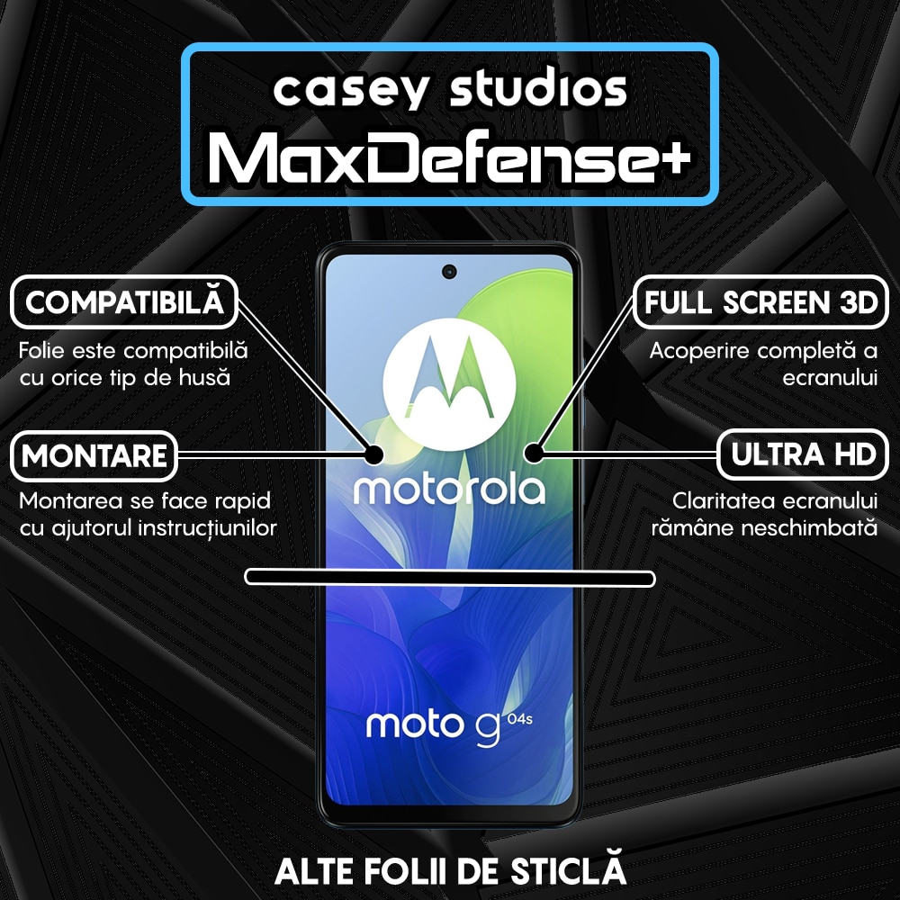 Folie Sticla CASEY STUDIOS™ compatibila cu Motorola Moto G04s, Full Cover 3D, Full Glue, Duritate Militara, Ultra HD, Anti Zgarieturi, Anti Amprente, Anti Socuri, Margini Negre