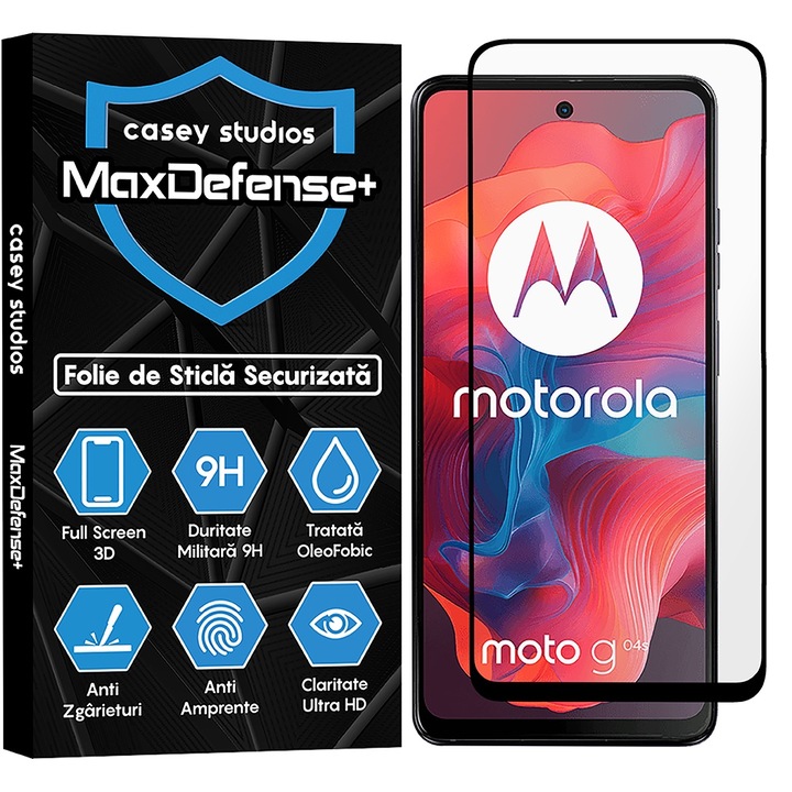 CASEY STUDIOS™ Motorola Moto G04s készülékkel kompatibilis üvegfólia, teljes 3D fólia, teljes ragasztó, katonai keménység, Ultra HD, karcálló, ujjlenyomat-taszító, ütésálló, fekete szélek