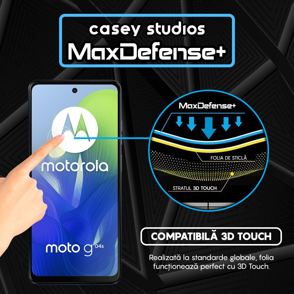 Folie Sticla CASEY STUDIOS™ compatibila cu Motorola Moto G04s, Full Cover 3D, Full Glue, Duritate Militara, Ultra HD, Anti Zgarieturi, Anti Amprente, Anti Socuri, Margini Negre