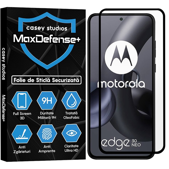Защитно фолио CASEY STUDIOS™ съвместимо с Motorola Edge 30 Neo, MaxDefense+, против надраскване, Full Glue, Full Cover 3D, 3D защита на екрана, висока твърдост, черни ръбове