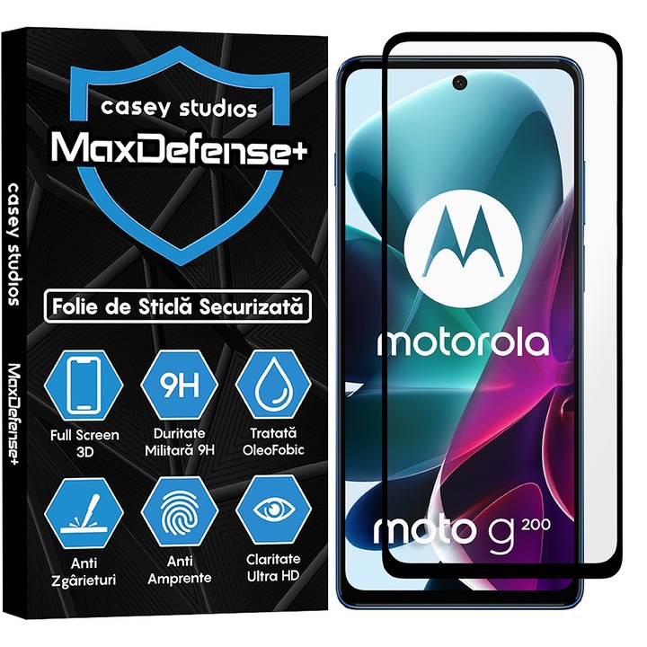 CASEY STUDIOS Motorola Moto G200 5G-vel kompatibilis üvegfólia, Full Glue, Katonai keménység, Ultra HD, karcolásgátló, ujjlenyomat-mentes, ütésgátló, fekete élek