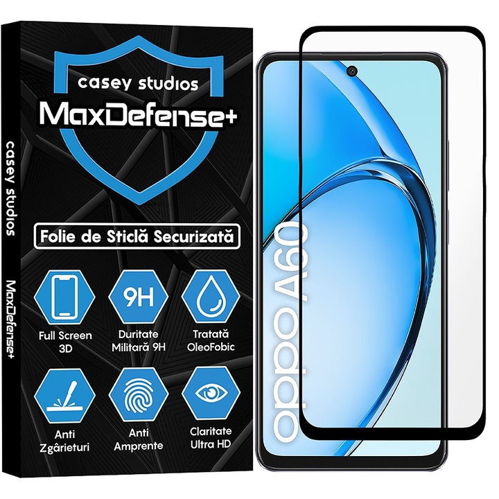 Folie Sticla CASEY STUDIOS™ compatibila cu Oppo A60, MaxDefense+, Anti Zgarieturi, Full Glue, Full Cover 3D, Protectie Ecran 3D, Duritate Ridicata, Margini Negre