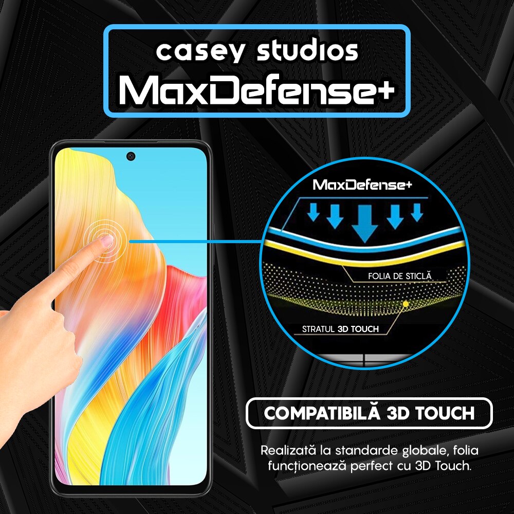Folie Sticla CASEY STUDIOS™ compatibila cu Oppo A58 4G, Full Cover 3D, Full Glue, Duritate Militara, Ultra HD, Anti Zgarieturi, Anti Amprente, Anti Socuri, Margini Negre