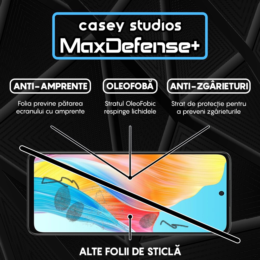 Folie Sticla CASEY STUDIOS™ compatibila cu Oppo A58 4G, Full Cover 3D, Full Glue, Duritate Militara, Ultra HD, Anti Zgarieturi, Anti Amprente, Anti Socuri, Margini Negre