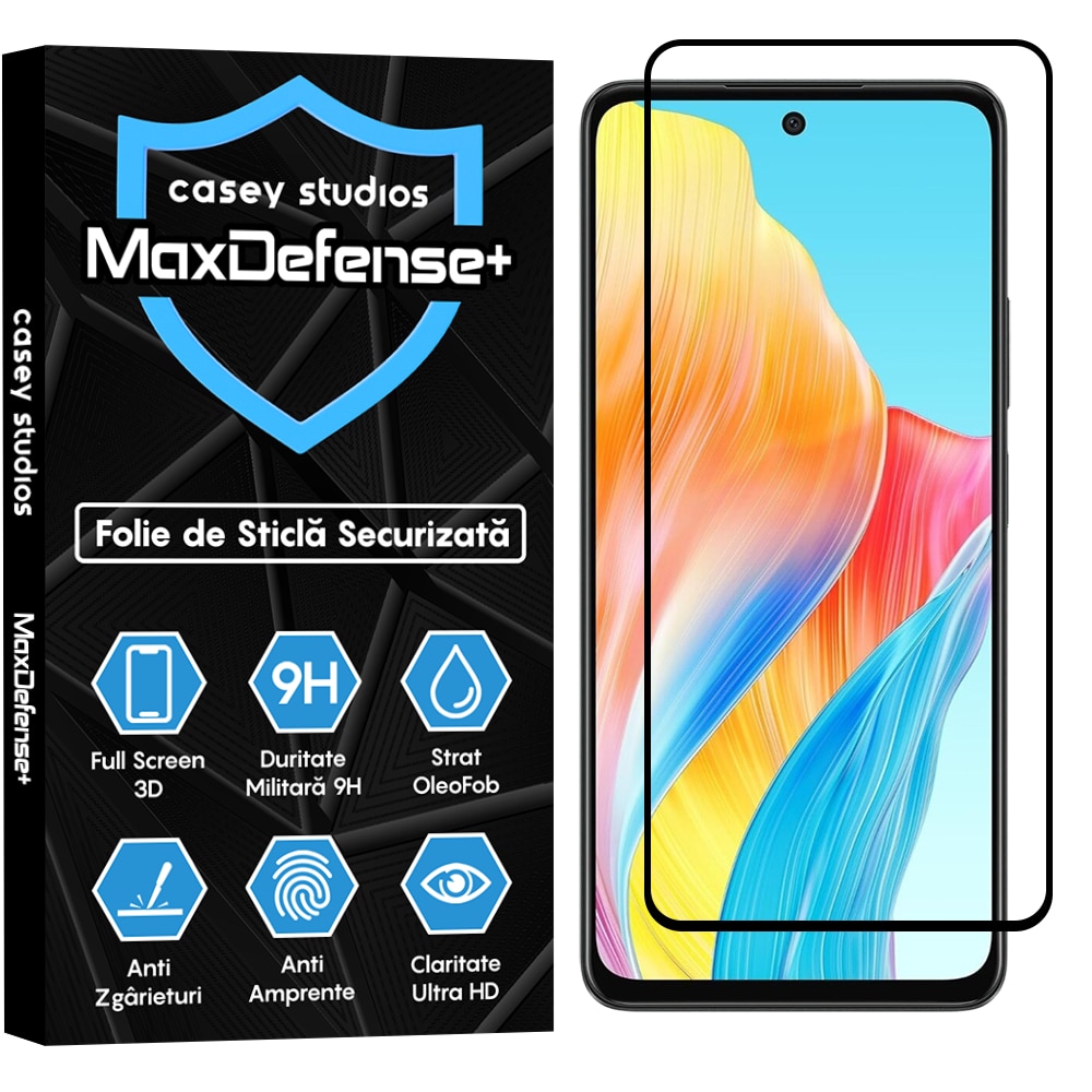 Folie Sticla CASEY STUDIOS™ compatibila cu Oppo A58 4G, Full Cover 3D, Full Glue, Duritate Militara, Ultra HD, Anti Zgarieturi, Anti Amprente, Anti Socuri, Margini Negre