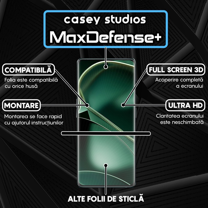 Стъклено фолио CASEY STUDIOS™, съвместимо с Oppo Find X6, пълно покритие 3D, пълно лепене, военна твърдост, Ultra HD, защита от надраскване, защита от пръстови отпечатъци, защита от удари, черни ръбове
