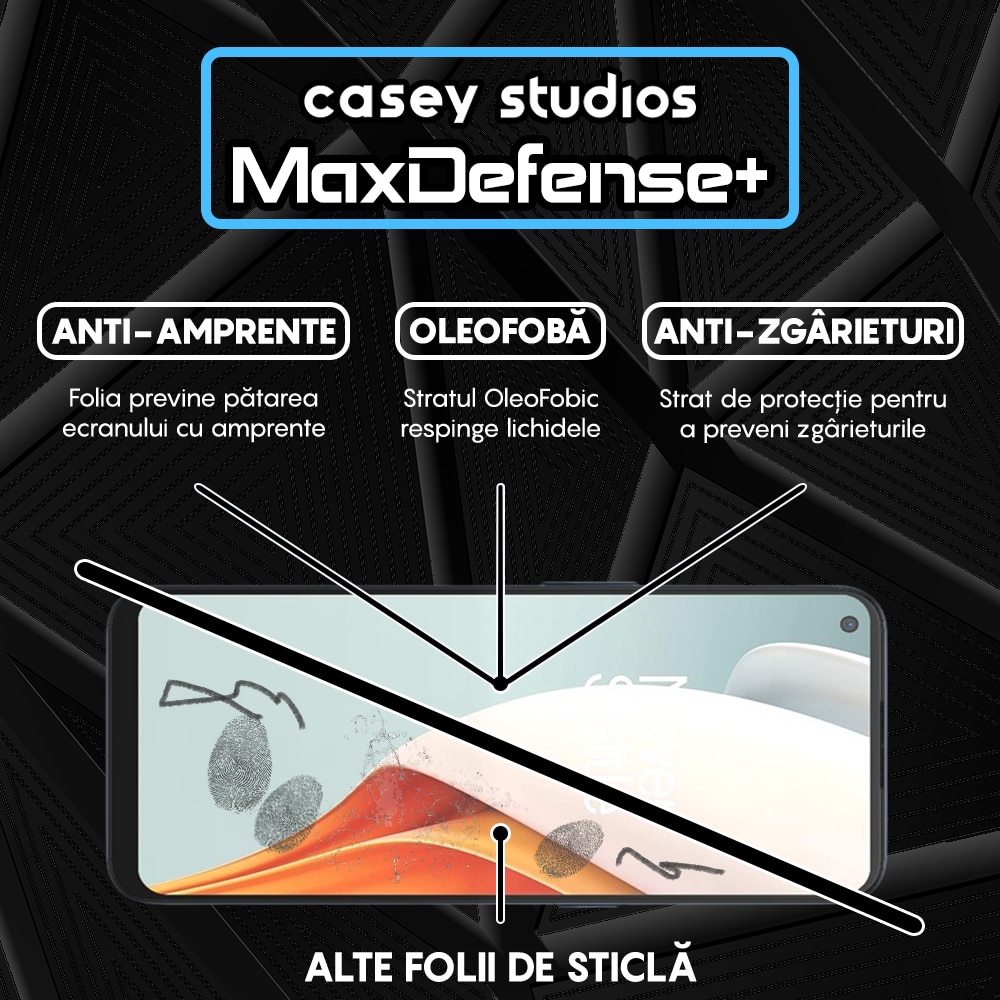 Folie Sticla CASEY STUDIOS™ compatibila cu OnePlus Nord CE 2 Lite 5G / Nord N100, Full Cover 3D, Full Glue, Duritate Militara, Ultra HD, Anti Zgarieturi, Anti Amprente, Anti Socuri, Margini Negre