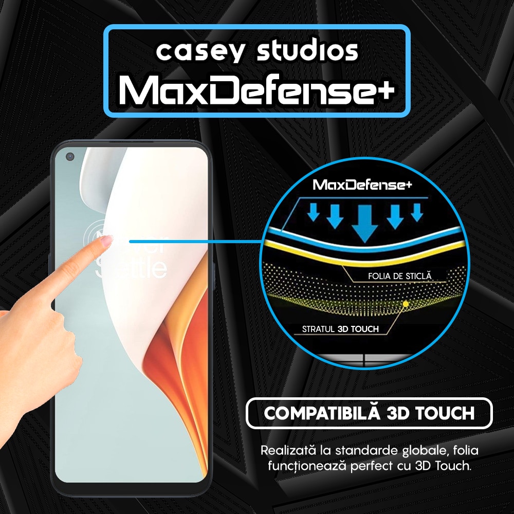 Folie Sticla CASEY STUDIOS™ compatibila cu OnePlus Nord CE 2 Lite 5G / Nord N100, Full Cover 3D, Full Glue, Duritate Militara, Ultra HD, Anti Zgarieturi, Anti Amprente, Anti Socuri, Margini Negre