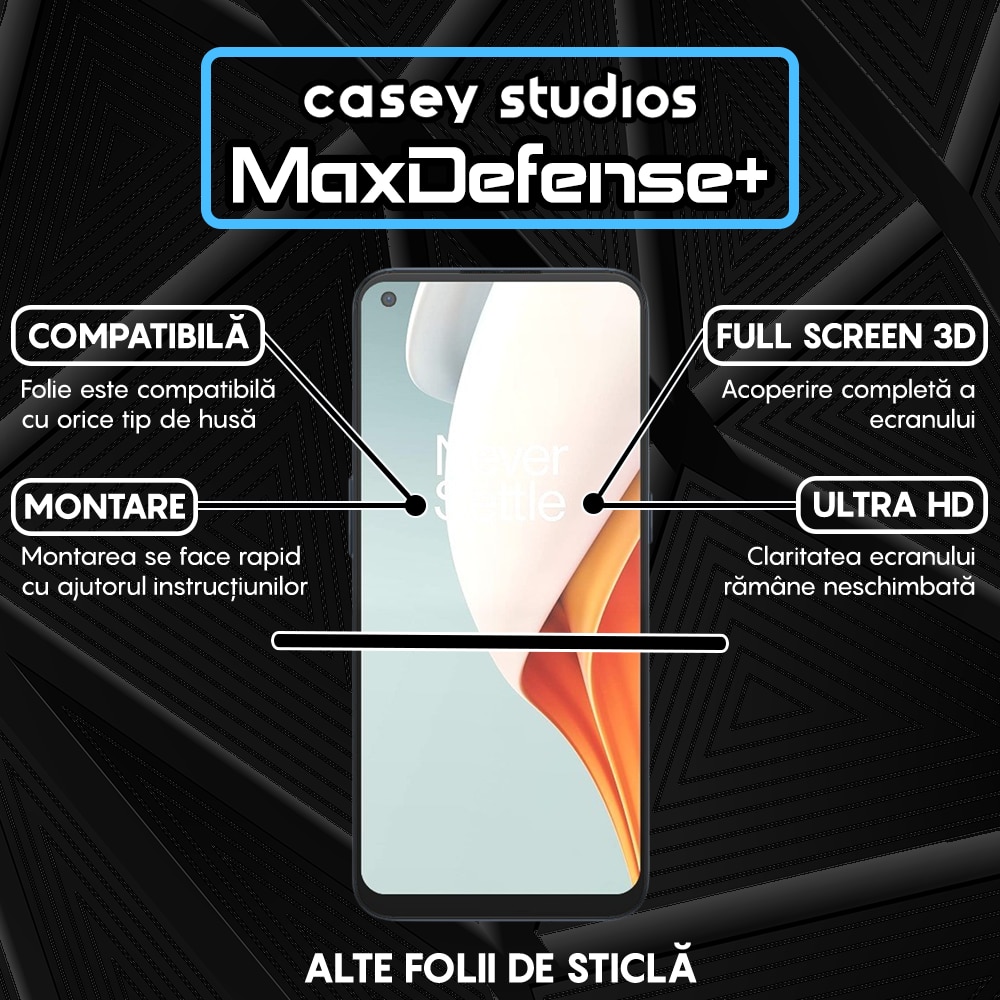 Folie Sticla CASEY STUDIOS™ compatibila cu OnePlus Nord CE 2 Lite 5G / Nord N100, Full Cover 3D, Full Glue, Duritate Militara, Ultra HD, Anti Zgarieturi, Anti Amprente, Anti Socuri, Margini Negre