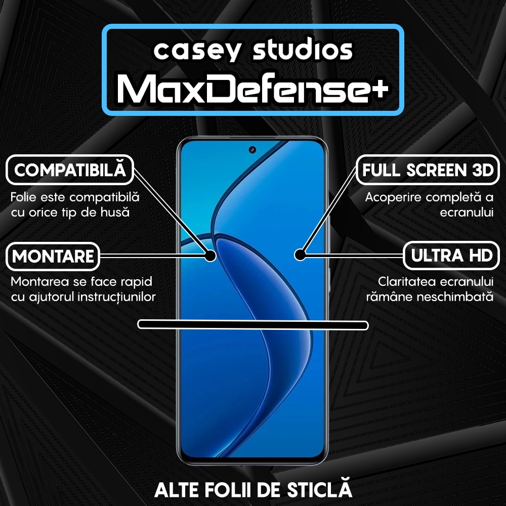 Folie Sticla CASEY STUDIOS™ compatibila cu Realme 12 4G, Full Cover 3D, Full Glue, Duritate Militara, Ultra HD, Anti Zgarieturi, Anti Amprente, Anti Socuri, Margini Negre