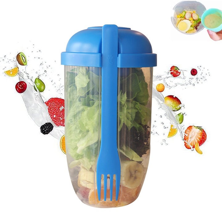 Set 4 boluri pentru salata cu furculita si capac, plastic, 1000ml, albastru