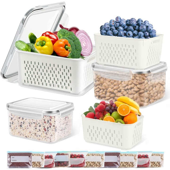 Set de recipiente pentru pastrarea legumelor, AMRINUGL, 10 bucati, design compact, sigilare ermetica, plastic fara BPA