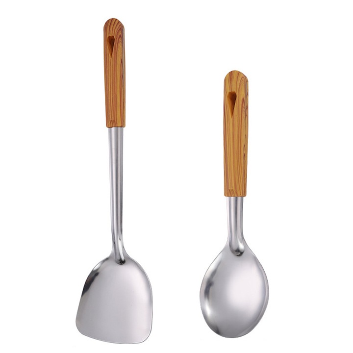 Set ustensile de bucatarie din otel inoxidabil, 2 bucati, spatula + lingura de orez, rezistente la lipire, multicolor