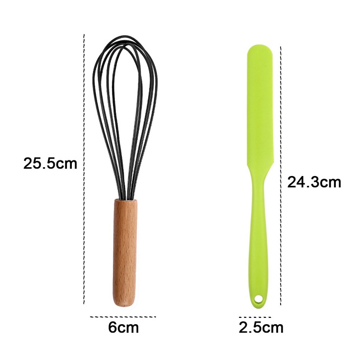 Set 2 piese ustensile mini bucatarie, unelte din silicon cu manere din lemn, negru/verde