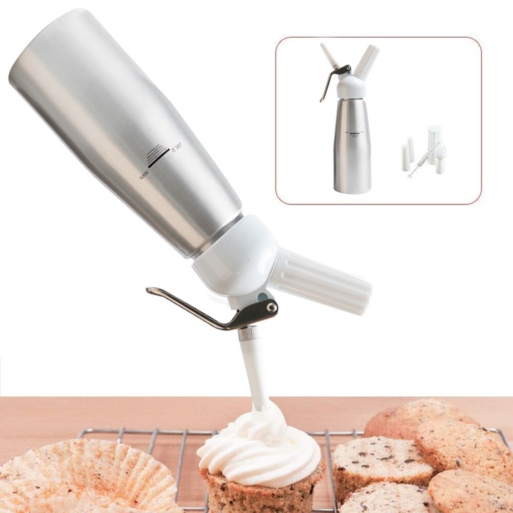 Dozator frisca profesional 500ml, Fokelyi, aluminiu, 3 duze, argintiu, 37x9.5cm