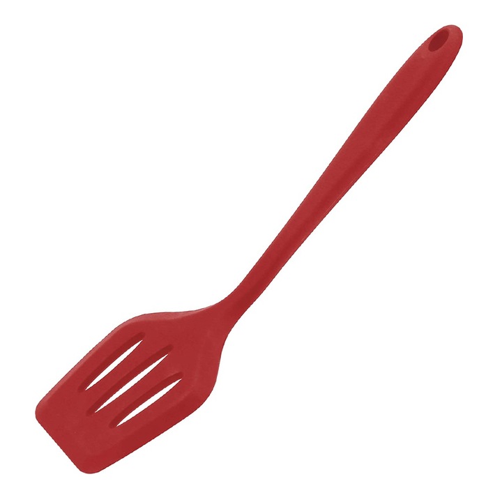 Lingura perforata din silicon rezistent la caldura, design fara sudura, rosu