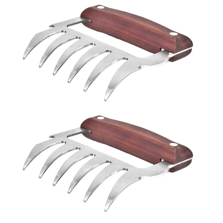 Set 2 gheare pentru carne, Cozevdnt, inox, maner lemn, multifunctionale, 10 x 9.5 cm, argintiu/maro