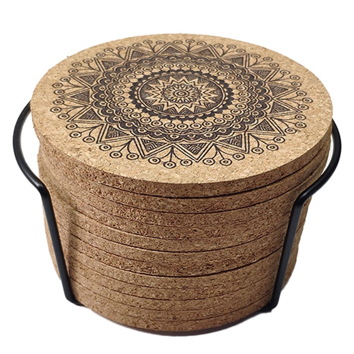 12 vékony, újrafelhasználható parafa italszívó alátét, fém tartókkal. Családi éttermekbe, irodákba és bárokba.