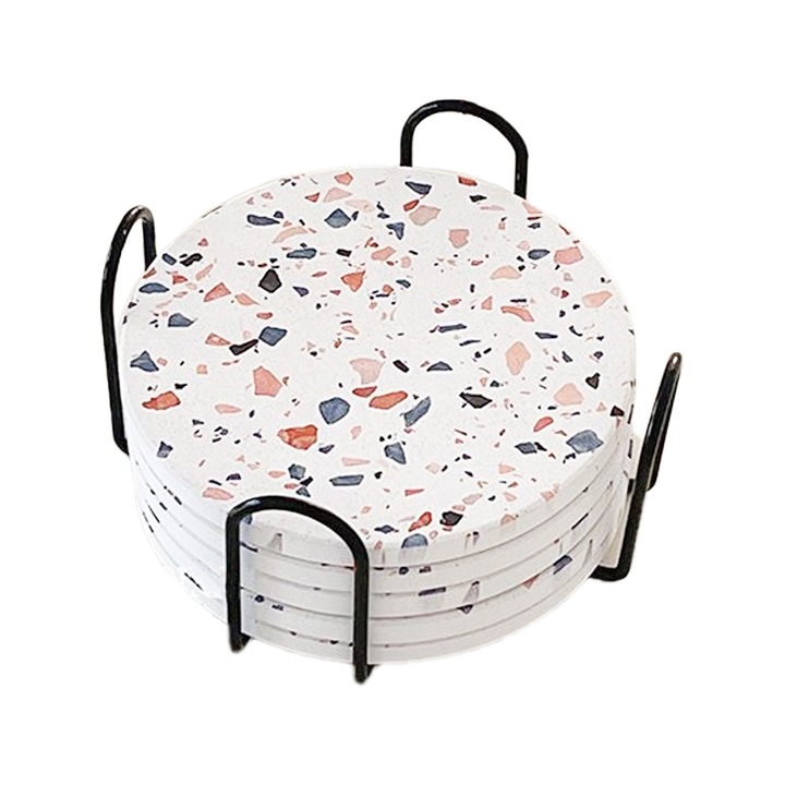 6 betétüveg szívóüvegekhez fém kiemelkedésekkel, parafa- és márványaljzattal, valamint étkészletből készült pincérekkel