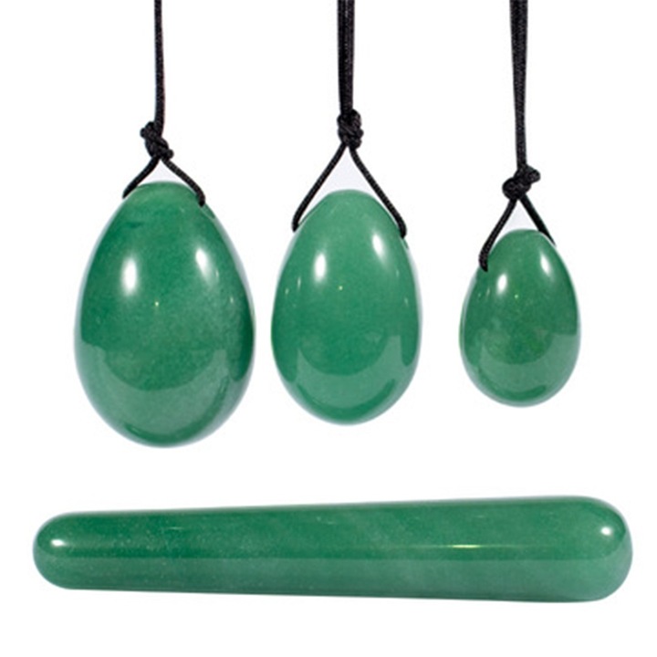Set 4 piese oua de jad si bat masaj, Cozevdnt, verde, 45x30mm/40x25mm/30x20mm/110x20mm