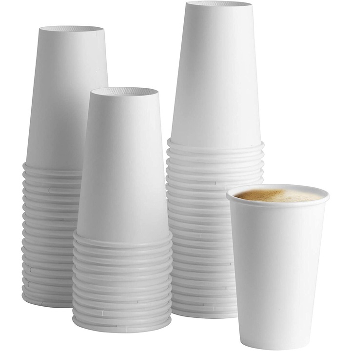 Set de 50 cupe de cafea din hartie ecologica, AMRINUGL, rezistente la caldura, design versatil, 250ml, alb